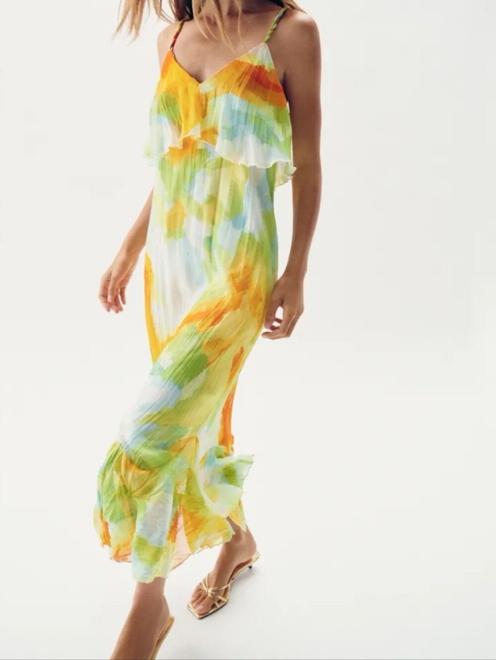 Zara Watercolor Tie-Dye Print Ruffle Midi Dress Sz-L - Picture 4 of 13